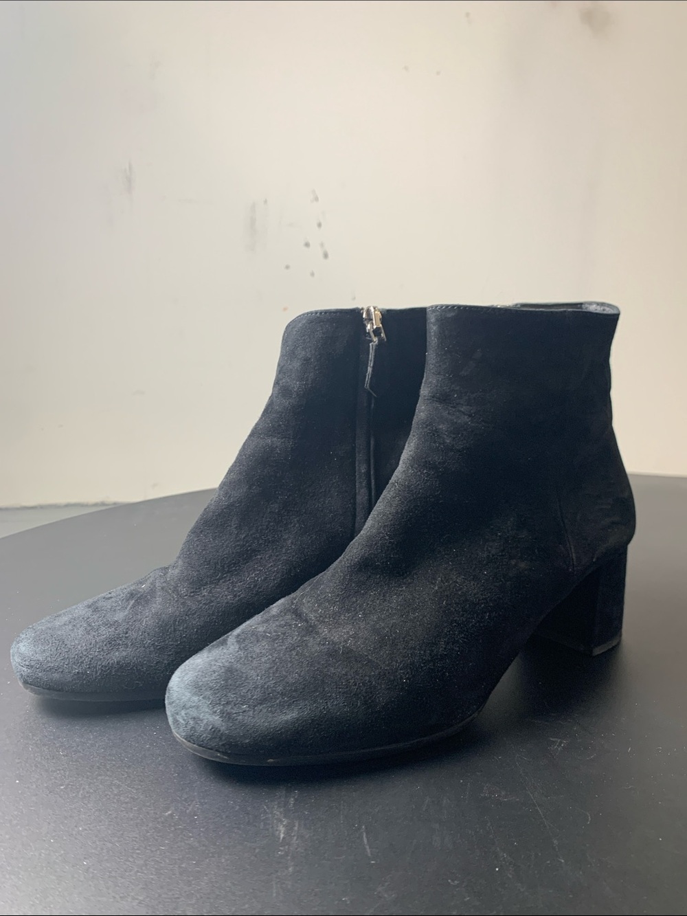 Prada Black Suede Ankle Booties with Chunky Heel & Round Toe